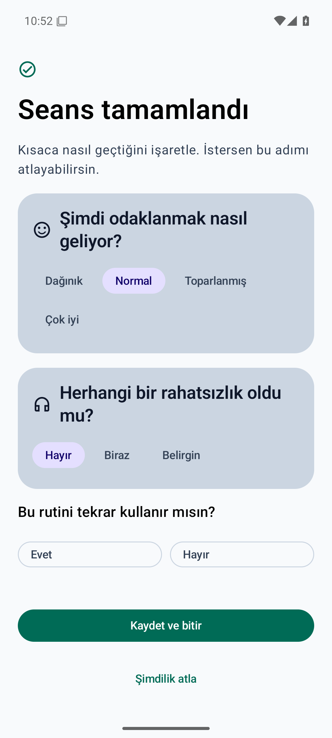 Seans değerlendirmesi ekranı