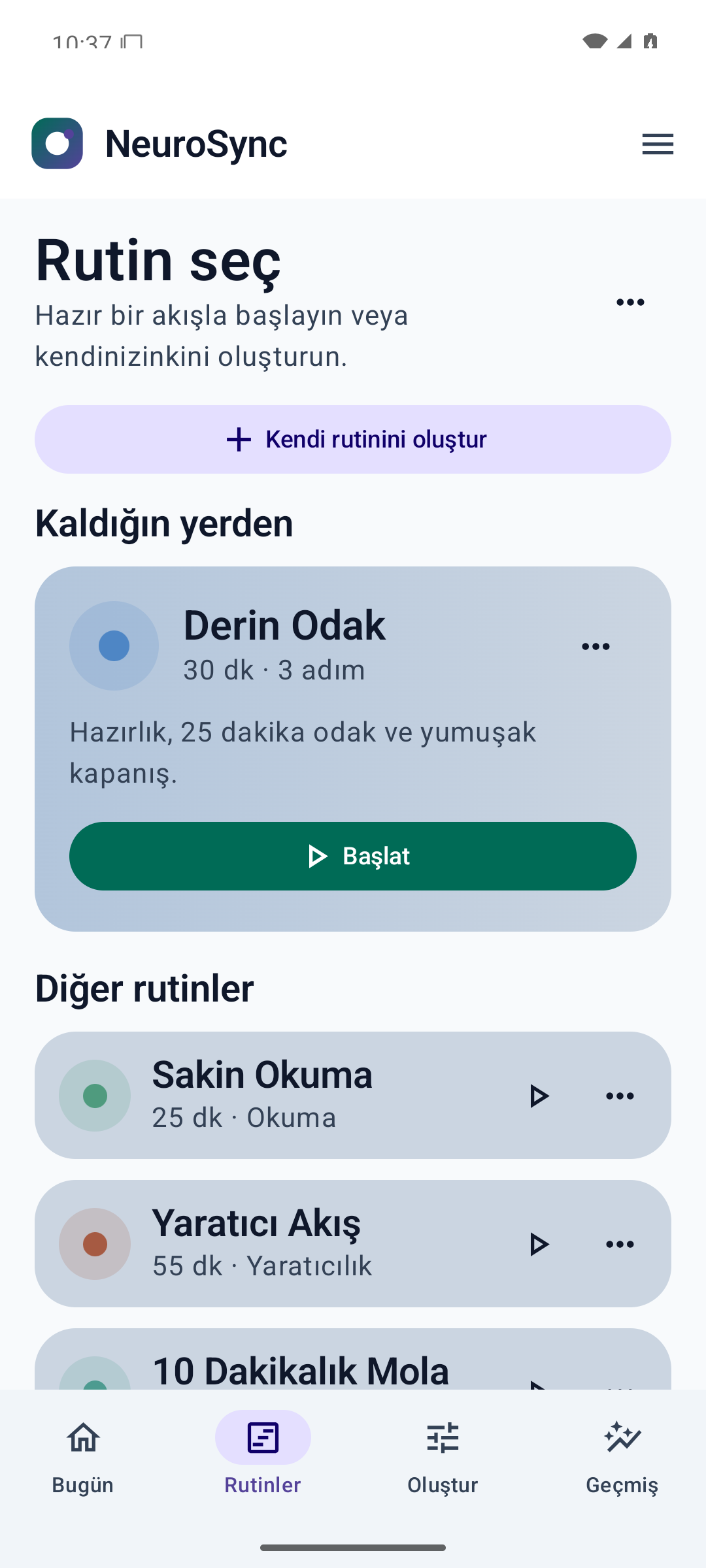 Hazır ve kişisel rutinlerin listesi